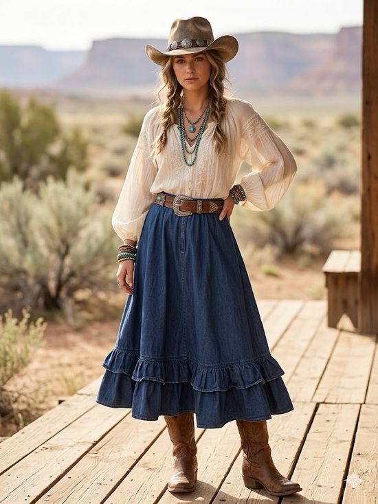 Circle T Dresses & Skirts - Vintage Circle T Cotton Denim Tiered Ruffle Midi Skirt, western boho